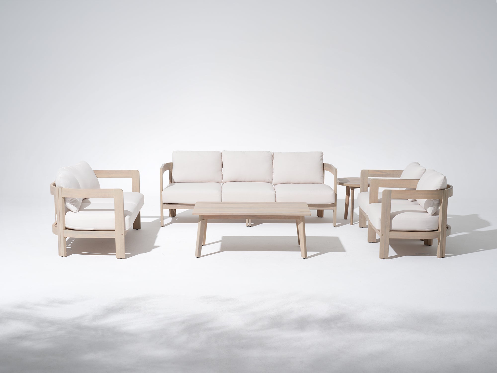 Cali 7 Seats Curved Acacia Lounge Set, Mixed Tables & 6.3" Thick Cushions