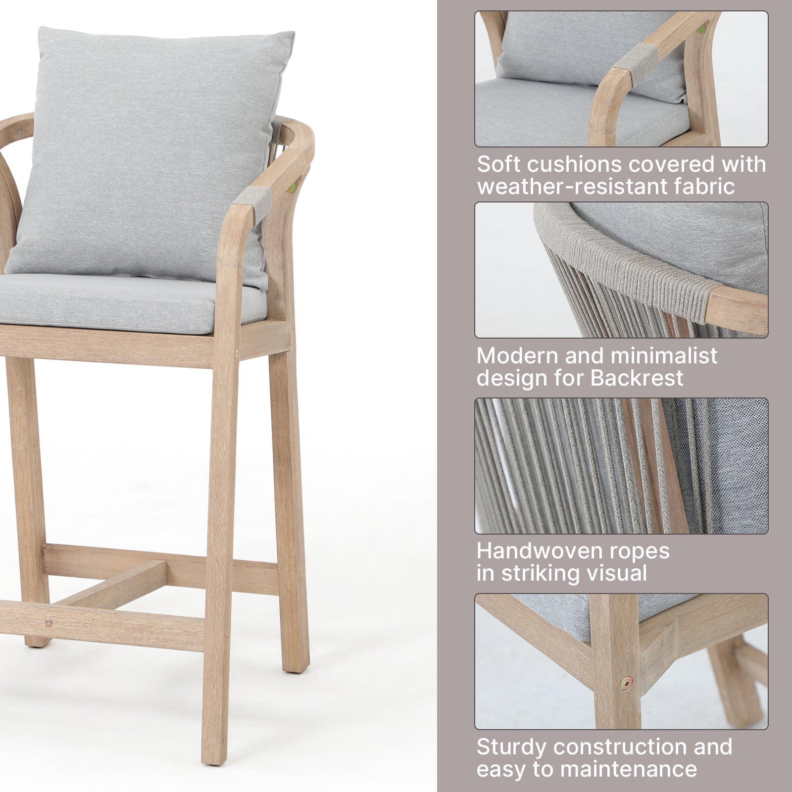 Wooden Outdoor Patio Bar height chairs with gray cushions, detail - Sunsitt Premium Modern Outdoor Patio Furniture