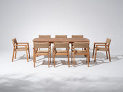 Nalia Outdoor Wood Dining Set with Ratten Arm Chairs, Umbrella Hole Design, 83" Tapered Legs