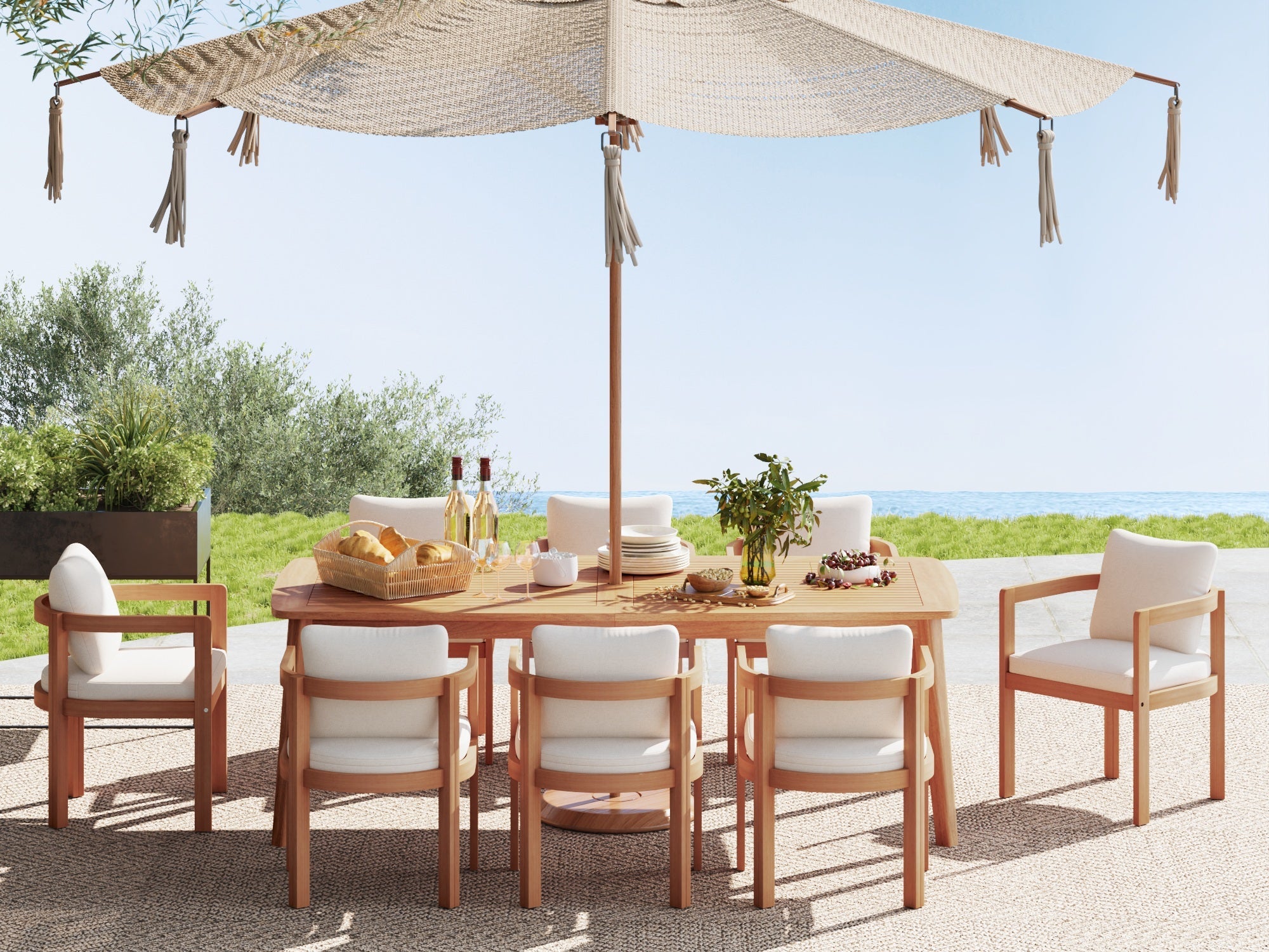 Mori Wood Outdoor Dining Set for 6-8 with Umbrella Hole, 83''