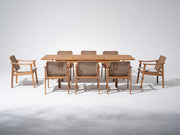 Wood and wicker patio umbrella hole dining set for 8 people with extendable table