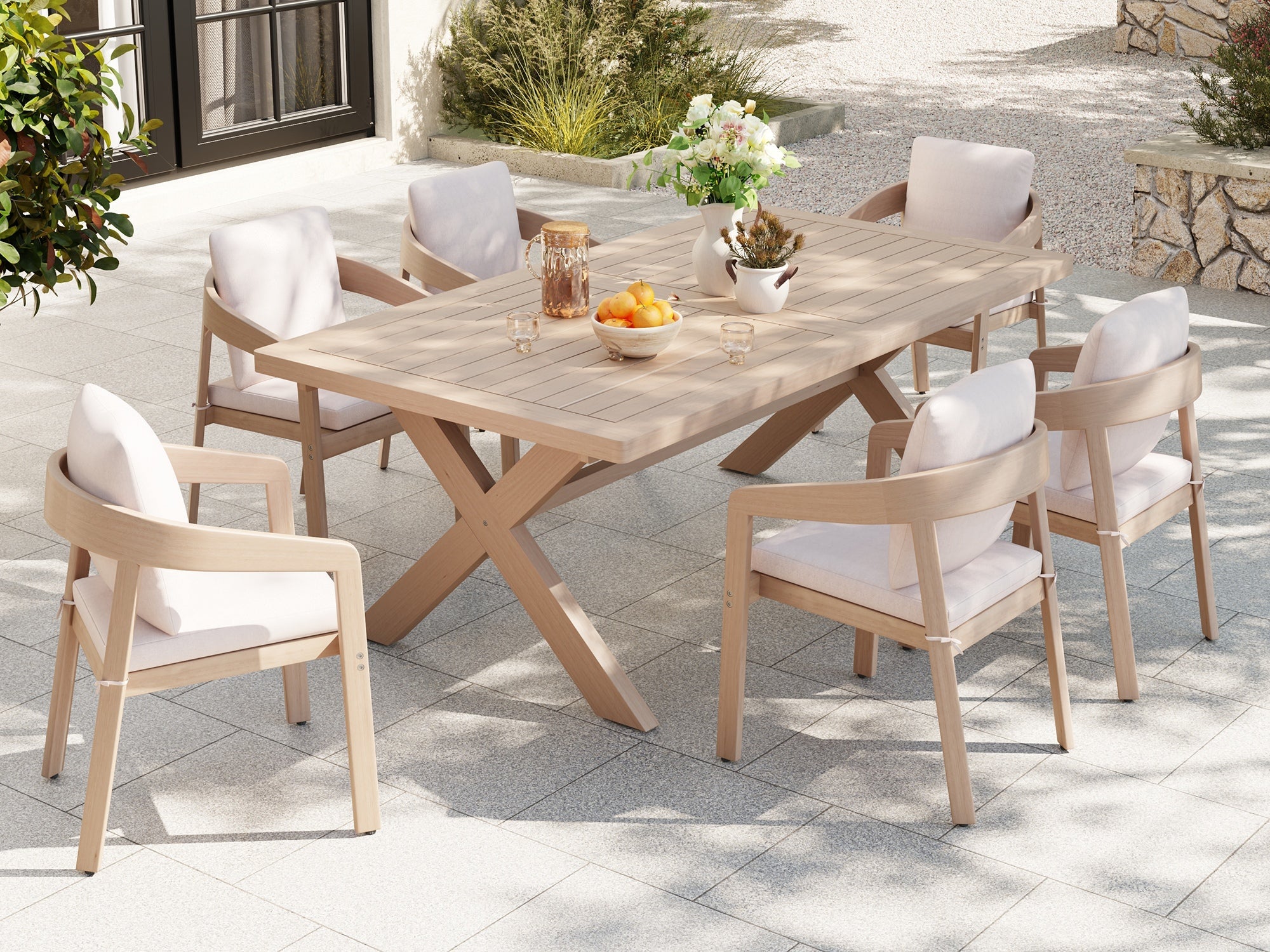 Eucalyptus wood outdoor dining set for 6 with extendable table#Size_8 Chiars + 1 Table