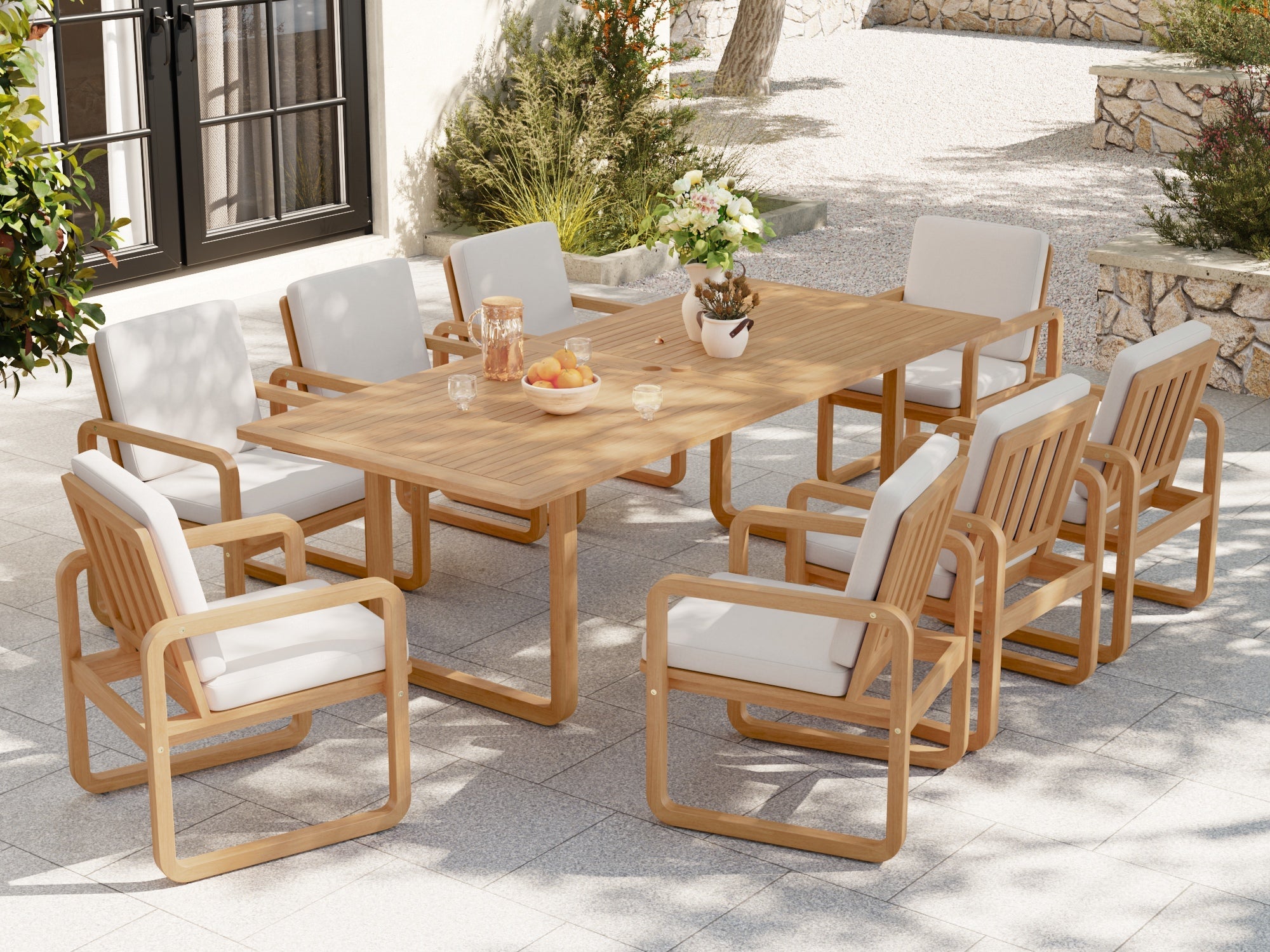 Amaya Wooden Dining Table with Umbrella Hole for 6-8 People, Teak Finish, 90.6