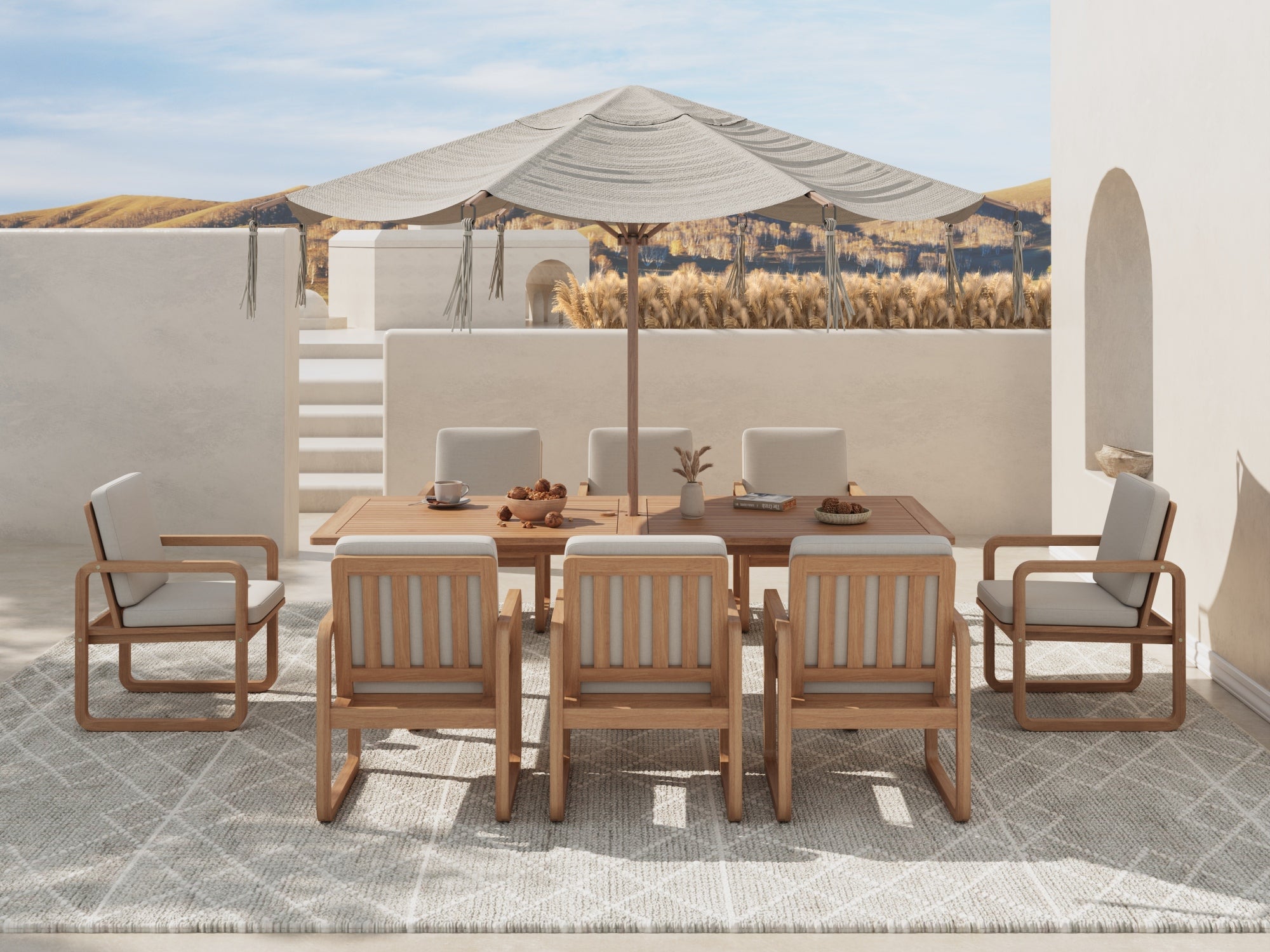 Amaya Wooden Dining Set with Umbrella Hole for 6-8 People, Olefin Linen Cushions, 90.6"