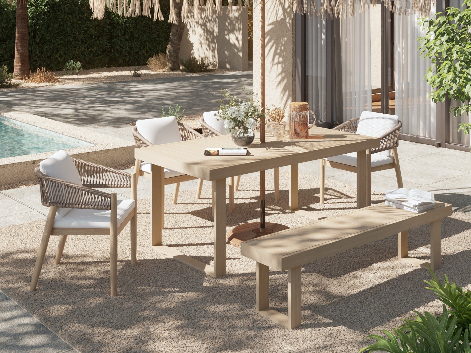 Lira 67'' Wooden Outdoor Dining Set with 2-4 Rope Chairs and Bench; Sled-Leg Design & Umbrella Hole
