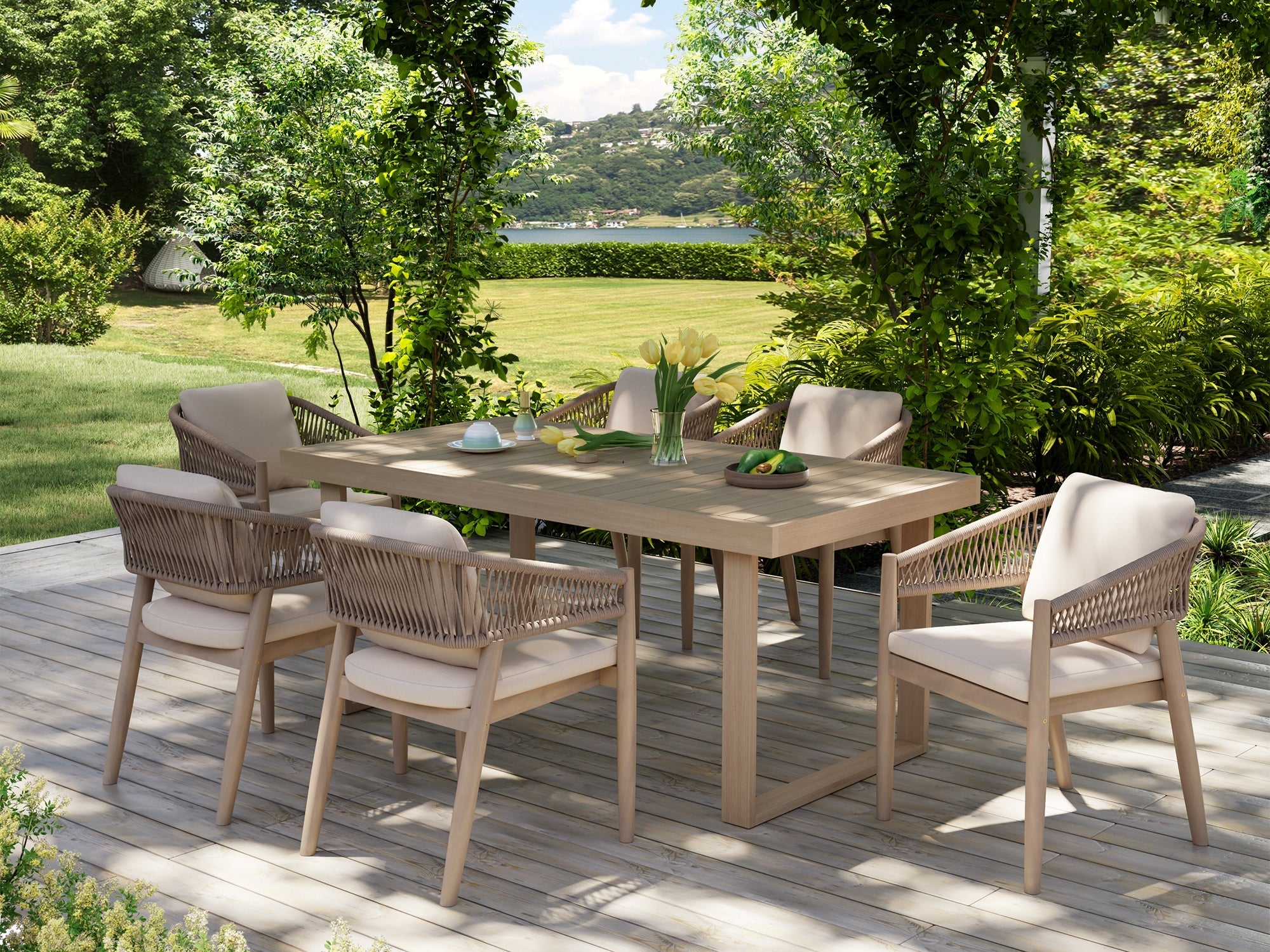 Lira 67" Wooden Outdoor Dining Set with 2-4 Rope Chairs and Bench; Sled-Leg Design & Umbrella Hole