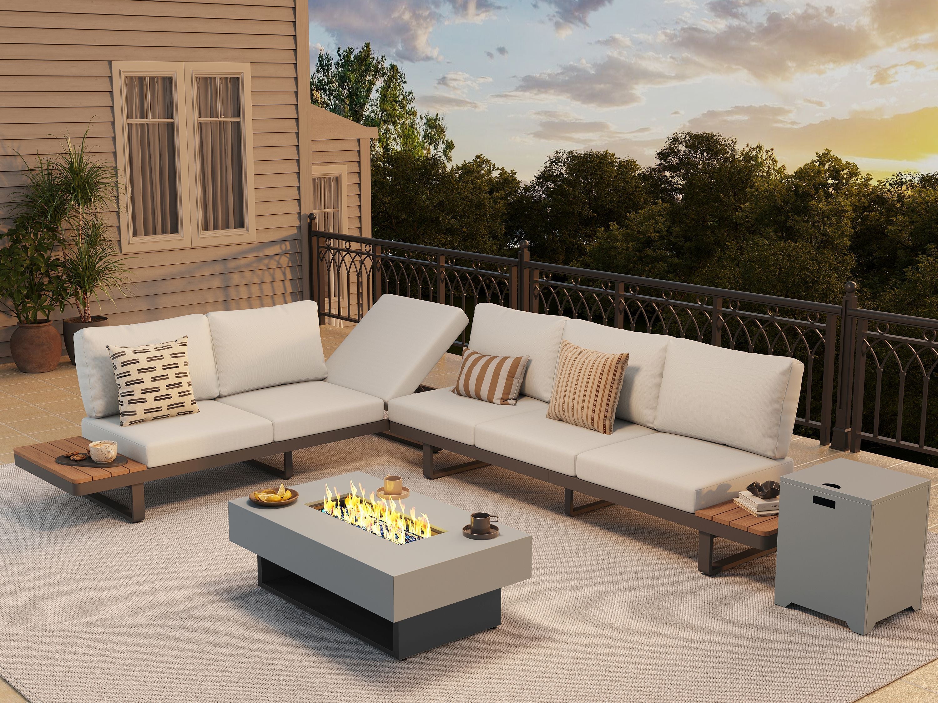 Addison Outdoor Sectional with Fire Pit Table, Adjustable Recline Design, Aluminum & Cushions