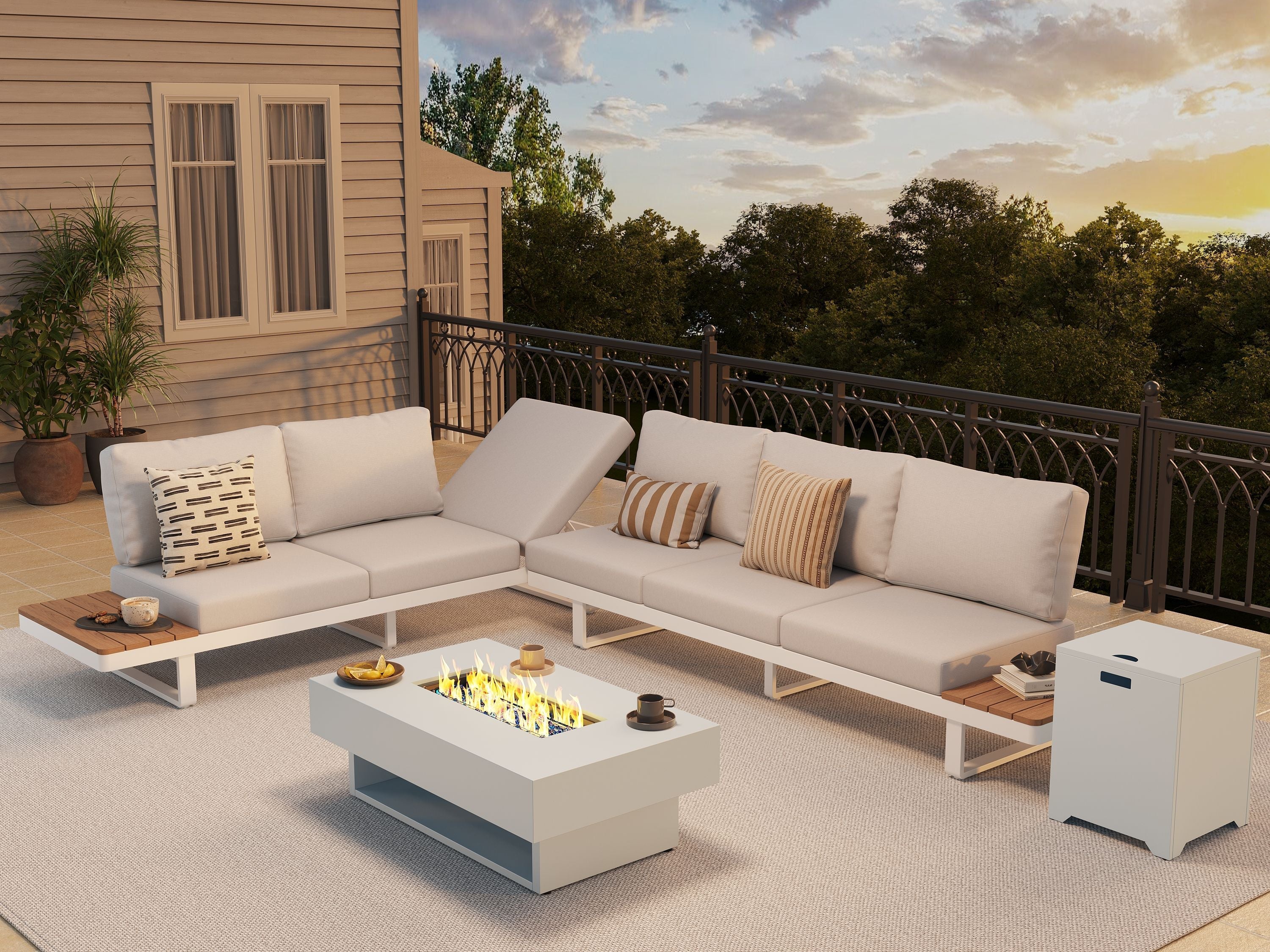 Addison Modern Outdoor Aluminum L-Shape Sectional Sofa Set with Fire Pit Table, Natural Frame & Linen Cushions