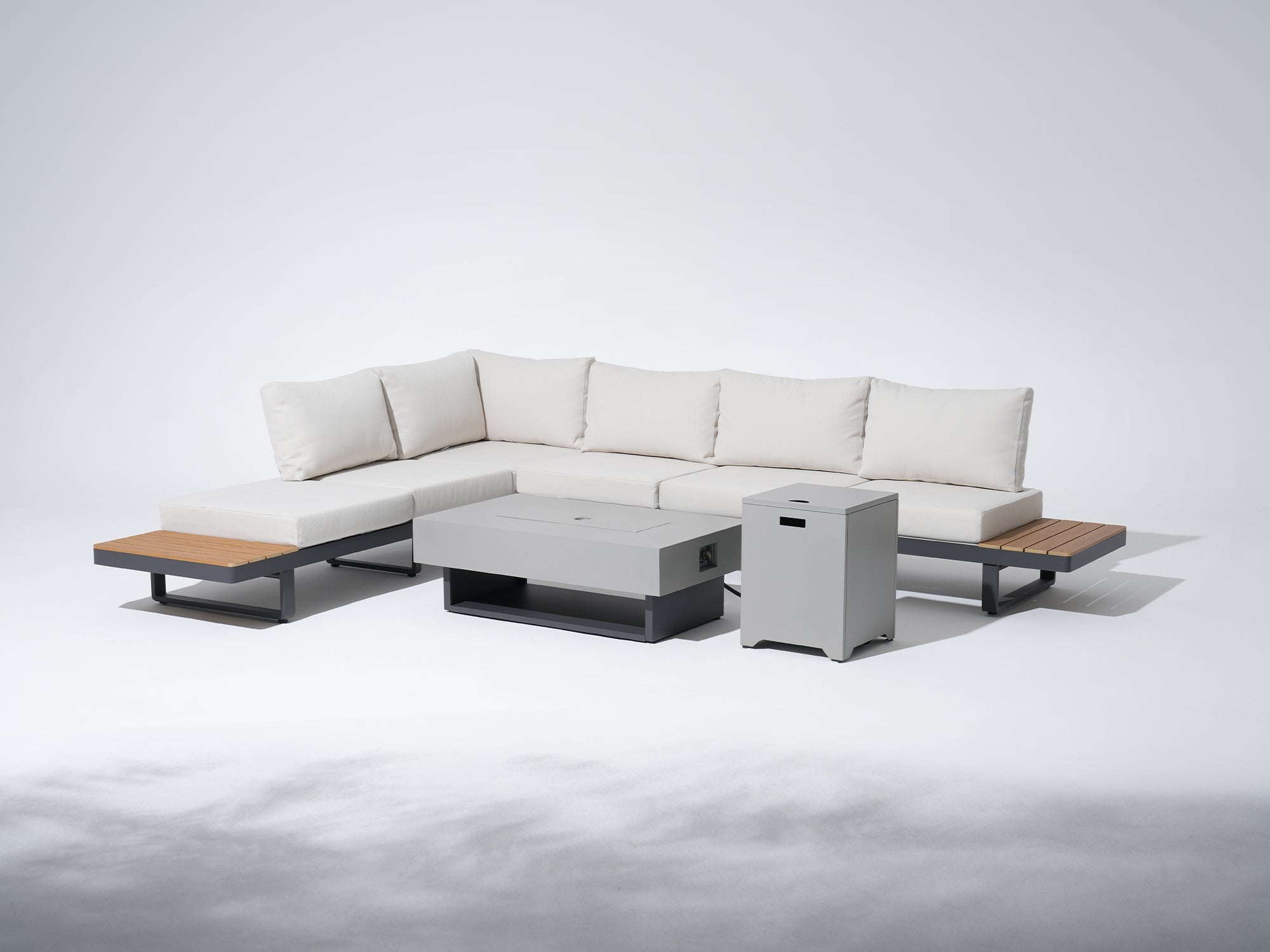 Addison Outdoor Sectional with Fire Pit Table, Adjustable Recline Design, Aluminum & Cushions