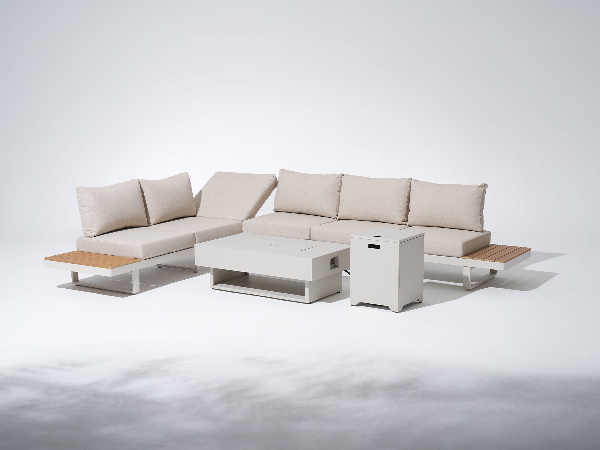 Addison Modern Outdoor Aluminum L-Shape Sectional Sofa Set with Fire Pit Table, Natural Frame & Linen Cushions