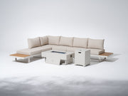 Addison Modern Outdoor Aluminum L-Shape Sectional Sofa Set with Fire Pit Table, Natural Frame & Linen Cushions
