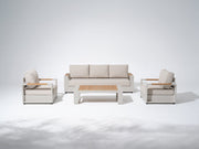 Addison Modern Metal Outdoor Sofa Set, Light Beige Aluminum Frame, Linen Olefin Cushion