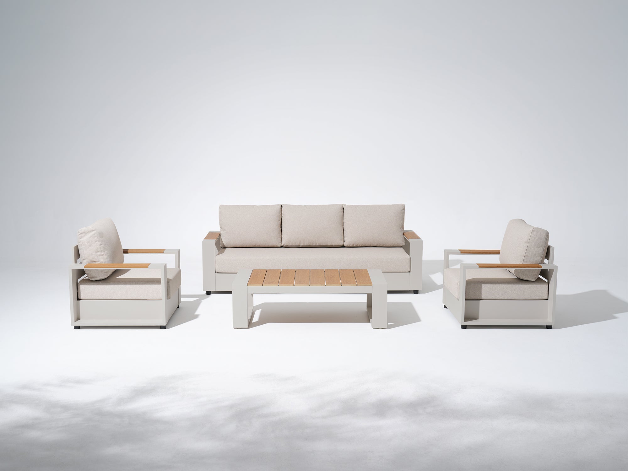 Addison Modern Metal Outdoor Sofa Set, Light Beige Aluminum Frame, Linen Olefin Cushion