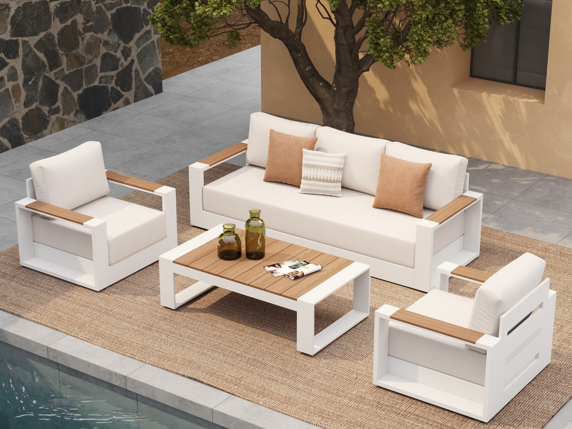 Addison 5-seats outdoor conversation seating sets, white aluminum frame, wood armrest and tabletop, white thick cushions - SUNSITT Premium Modern Outdoor Patio Furniture