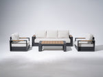 4-pcs Modern Metal Outdoor conversation sofa set, Dark Grey Aluminum Frame, White Cushions, a 3-seat sofa, two single sofa armchairs with wood-top armrests, a rectangular outdoor coffee table with wood-top - Sunsitt Premium Modern Outdoor Patio Furniture Set