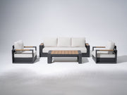 4-pcs Modern Metal Outdoor conversation sofa set, Dark Grey Aluminum Frame, White Cushions, a 3-seat sofa, two single sofa armchairs with wood-top armrests, a rectangular outdoor coffee table with wood-top - Sunsitt Premium Modern Outdoor Patio Furniture Set