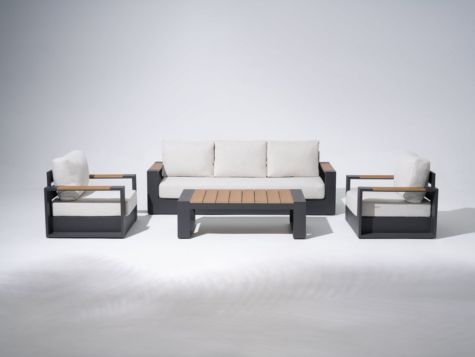 4-pcs Modern Metal Outdoor conversation sofa set, Dark Grey Aluminum Frame, White Cushions, a 3-seat sofa, two single sofa armchairs with wood-top armrests, a rectangular outdoor coffee table with wood-top - Sunsitt Premium Modern Outdoor Patio Furniture Set