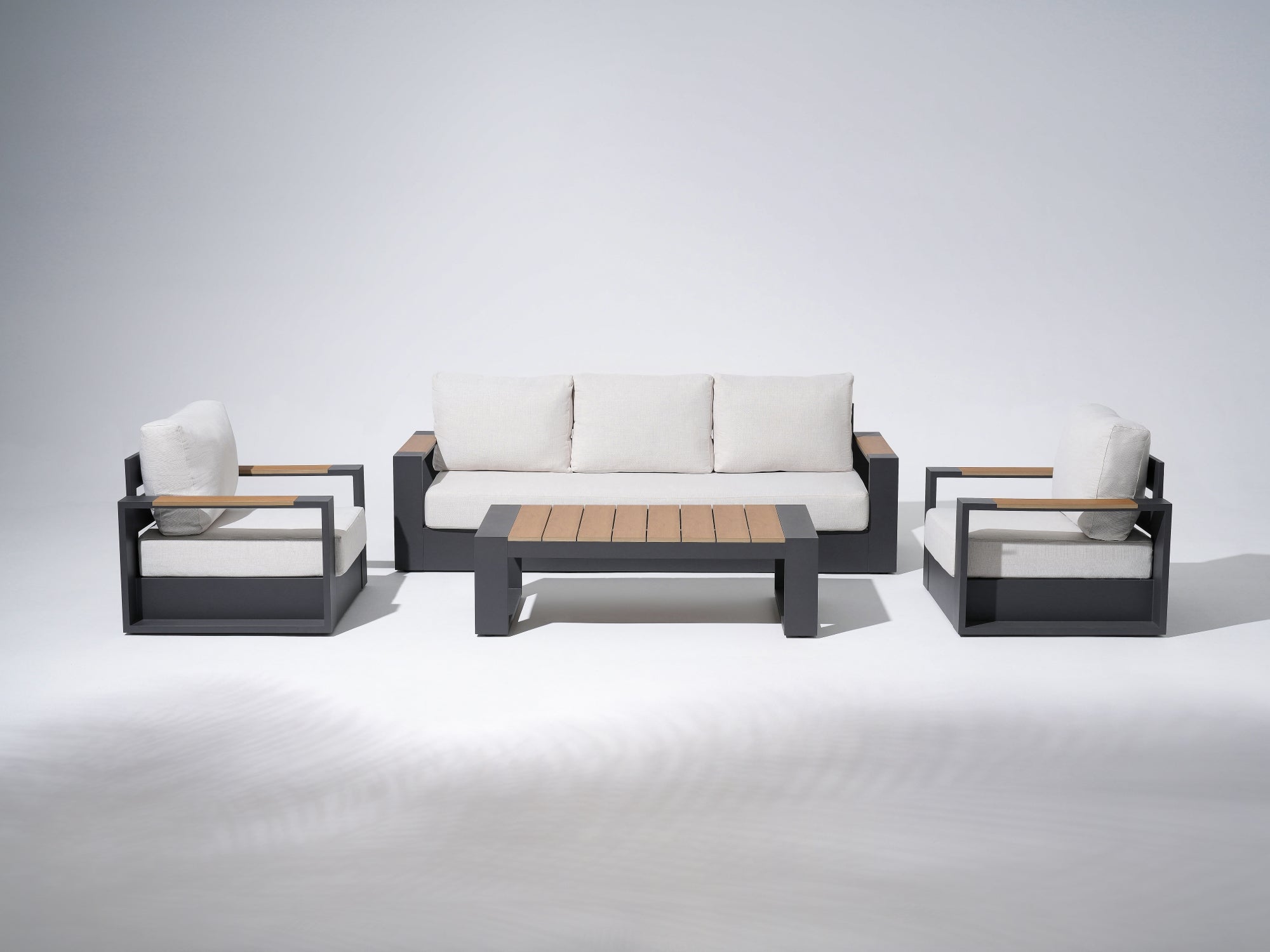 4-pcs Modern Metal Outdoor conversation sofa set, Dark Grey Aluminum Frame, White Cushions, a 3-seat sofa, two single sofa armchairs with wood-top armrests, a rectangular outdoor coffee table with wood-top - Sunsitt Premium Modern Outdoor Patio Furniture Set