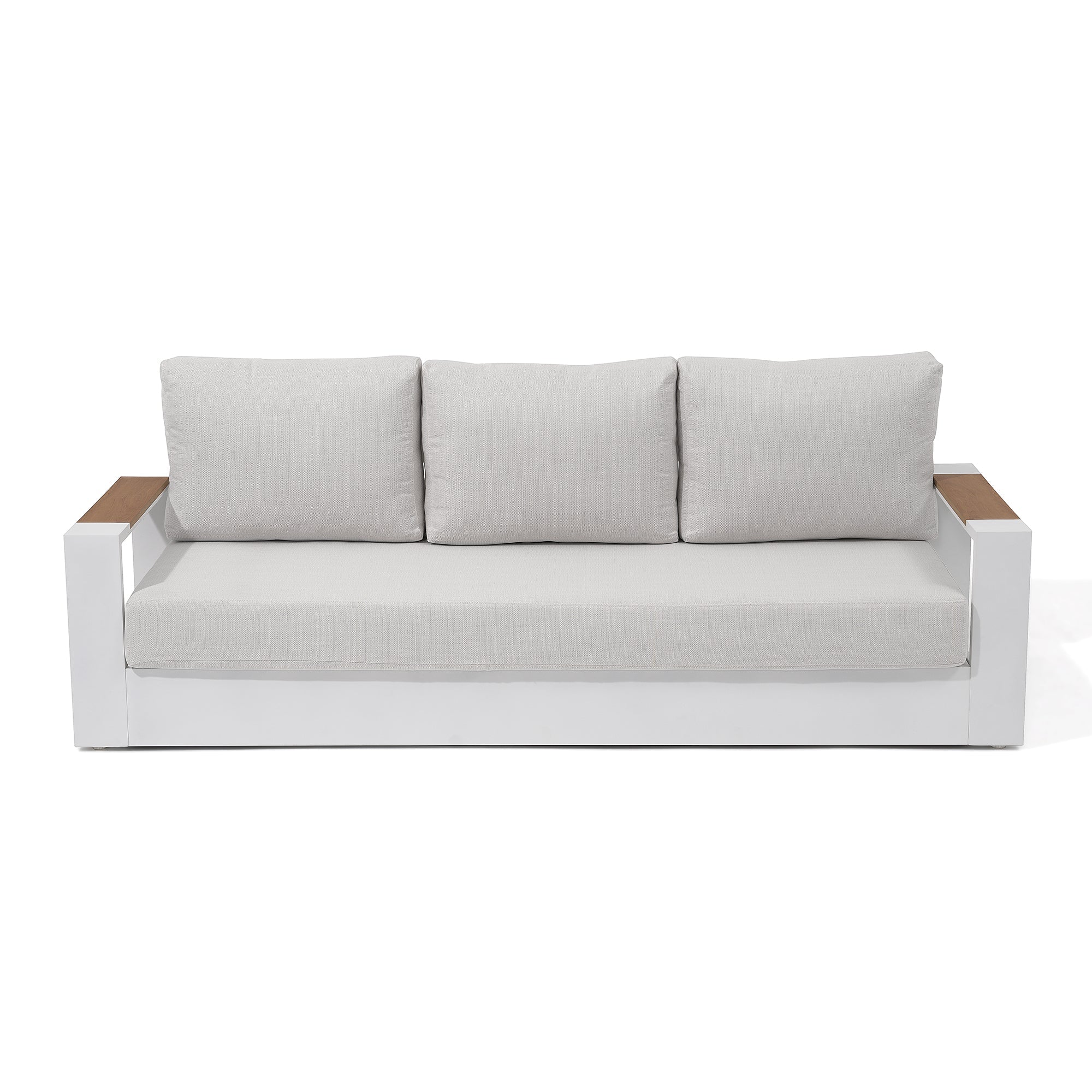 Addison 3-seats outdoor sofa, white aluminum frame, wood armrest , white thick cushions - Sunsitt Premium Modern Outdoor Patio Furniture #color_white