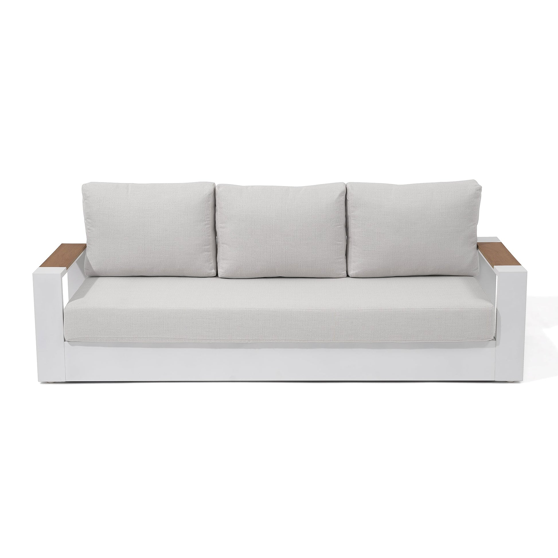 Addison 3-seats outdoor sofa, white aluminum frame, wood armrest , white thick cushions - Sunsitt Premium Modern Outdoor Patio Furniture #color_white