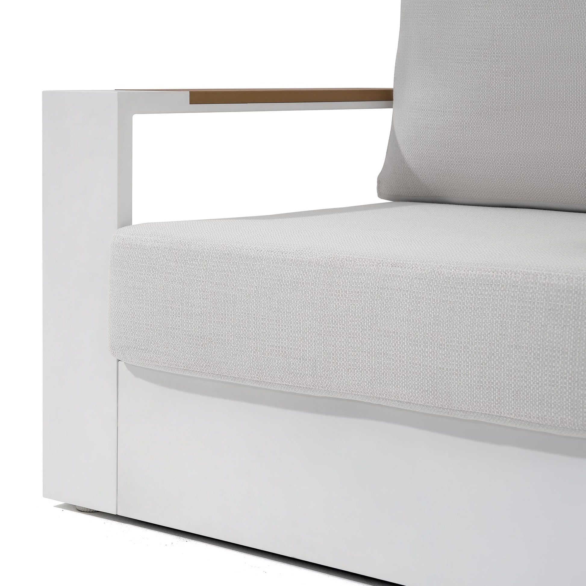 Addison outdoor single sofa, white aluminum frame, wood armrest , white thick cushions - Sunsitt Premium Modern Outdoor Patio Furniture #color_white