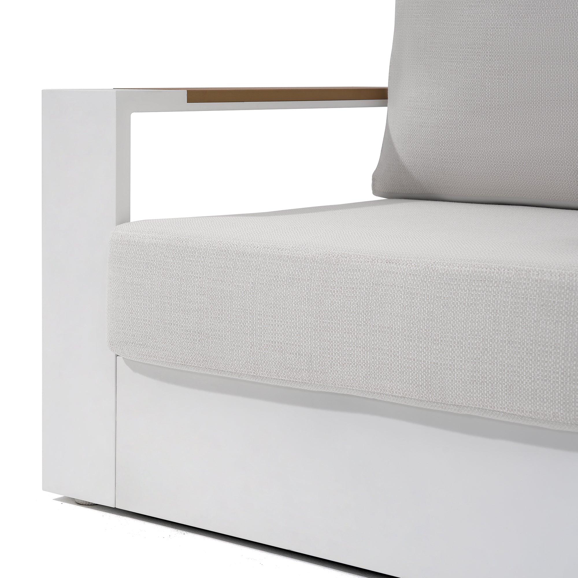 Addison outdoor single sofa, white aluminum frame, wood armrest , white thick cushions - Sunsitt Premium Modern Outdoor Patio Furniture #color_white