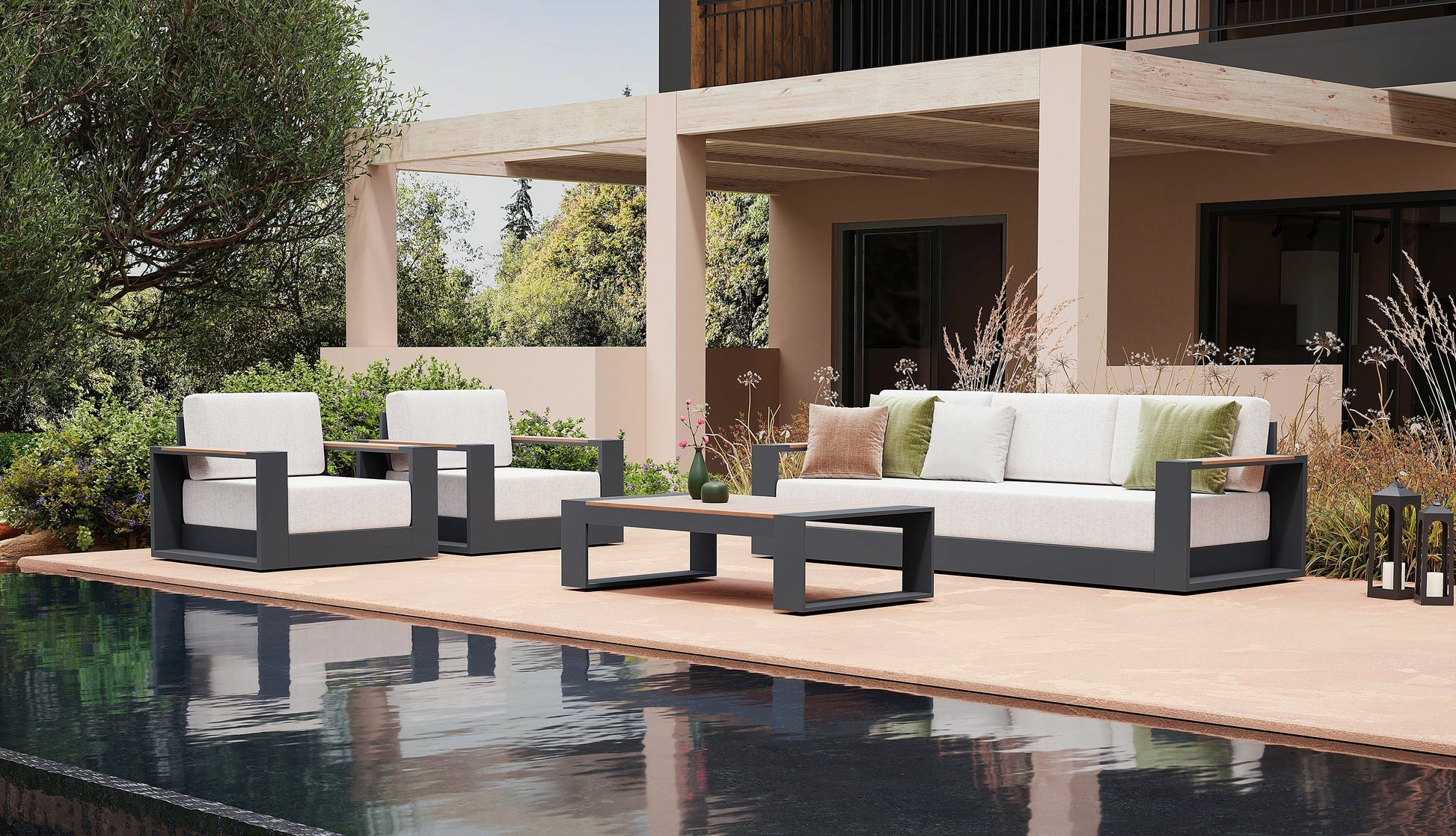 5-seats Modern Metal Outdoor conversation sofa set, Dark Grey Aluminum Frame, White Cushions, a 3-seat sofa, two single sofa armchairs with wood-top armrests, a rectangular outdoor coffee table with wood-top - Sunsitt Premium Modern Outdoor Patio Furniture Set