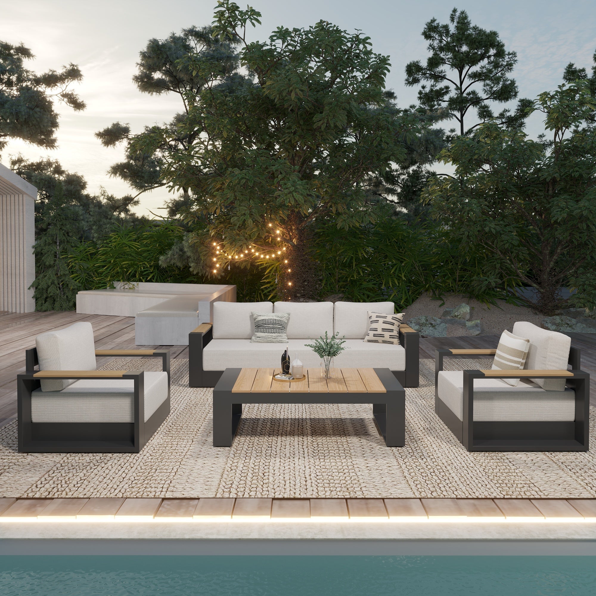 Addison Modern Metal Outdoor Sofa Set, Dark Grey Aluminum Frame, White