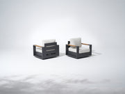 Two modern outdoor swivel chairs with white cushions, aluminum frame outdoor patio furniture sets