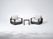 Addison 3pcs outdoor conversation sets, two swivel sofas with white cushions and a small coffee table