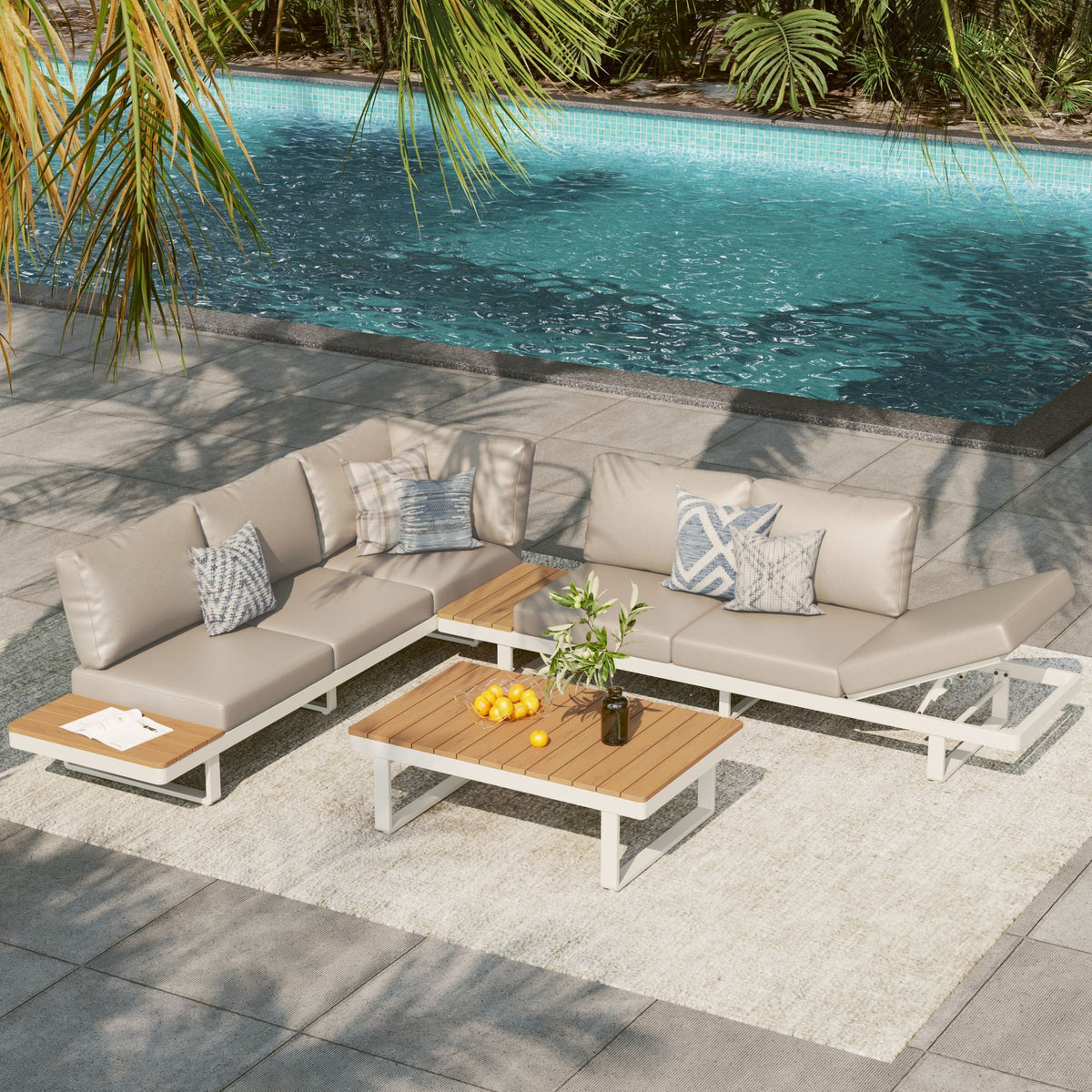 Addison Moder Addison Modern Outdoor Aluminum L-Shape Sectional Sofa Set, Natural Fr ...