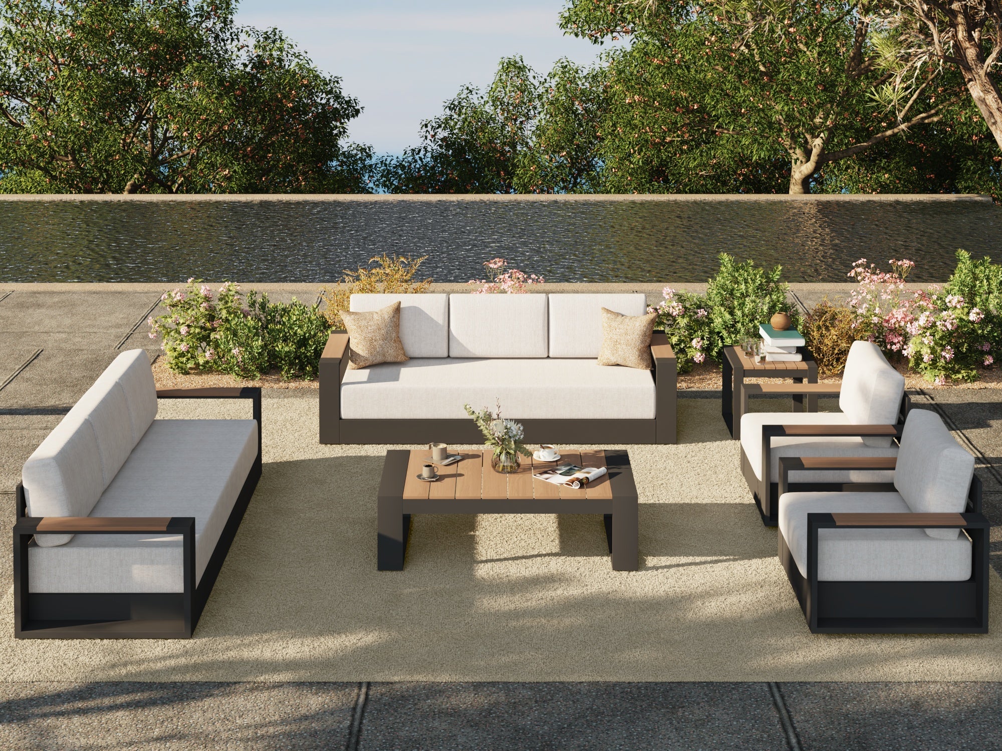 Addison Modern Metal Outdoor Sofa Set, Dark Grey Aluminum Frame, Swivel Chairs, 8 Seats