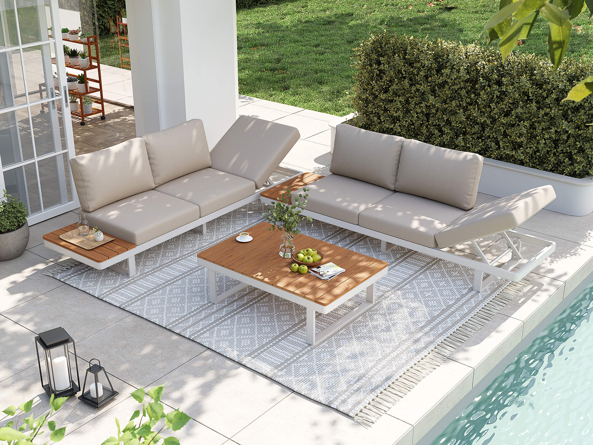 L-shaped aluminum Outdoor patio furniture set with beige sofa, wooden coffee table