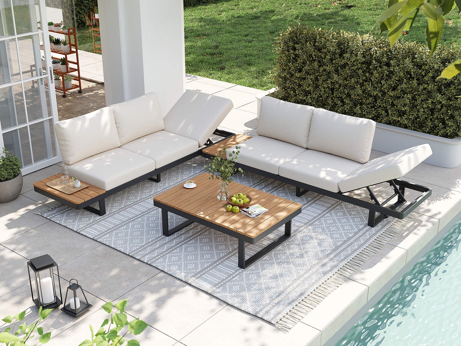 grey aluminum Outdoor patio furniture set with a sectional sofa, wooden coffee table