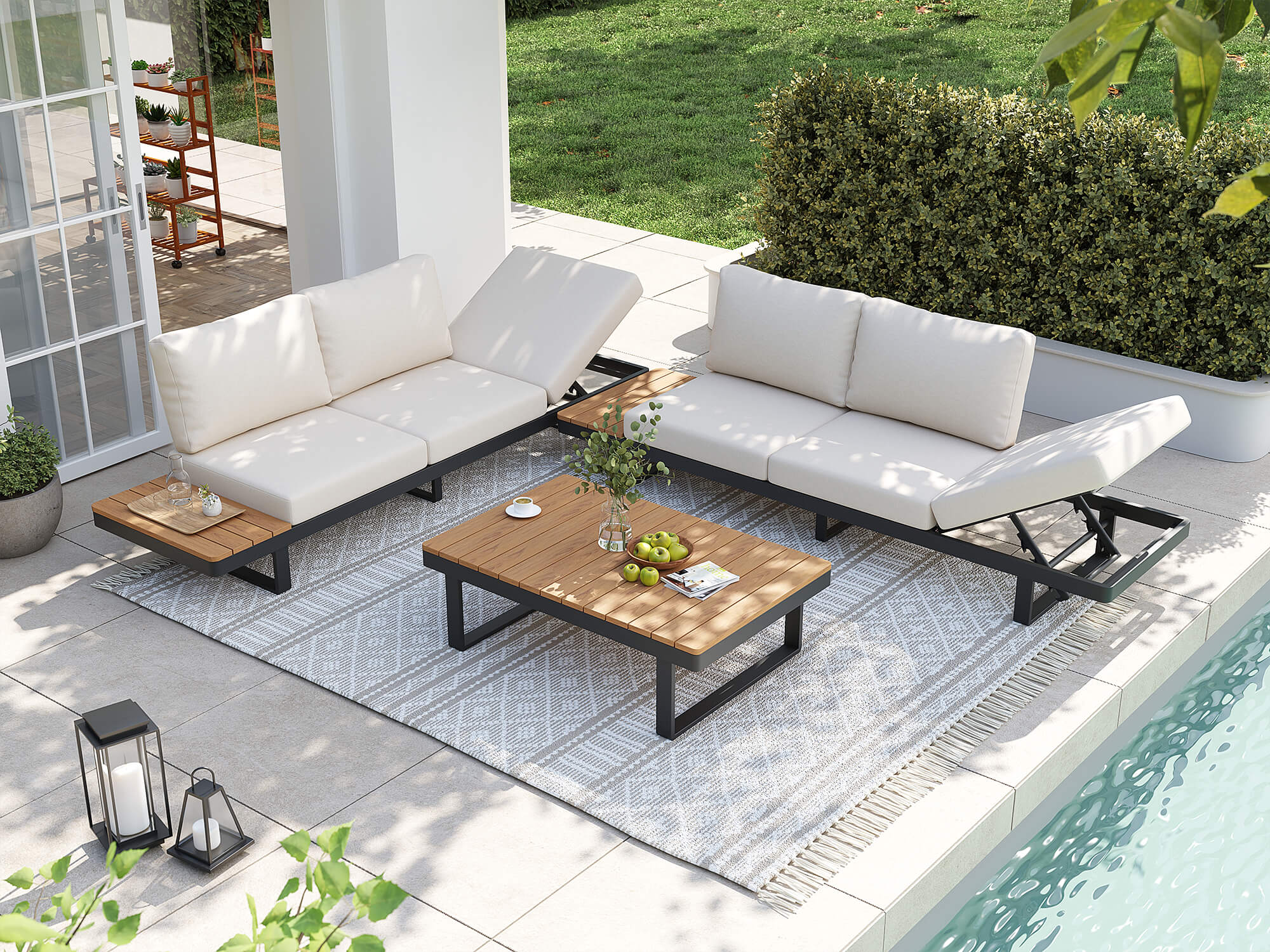 grey aluminum Outdoor patio furniture set with a sectional sofa, wooden coffee table