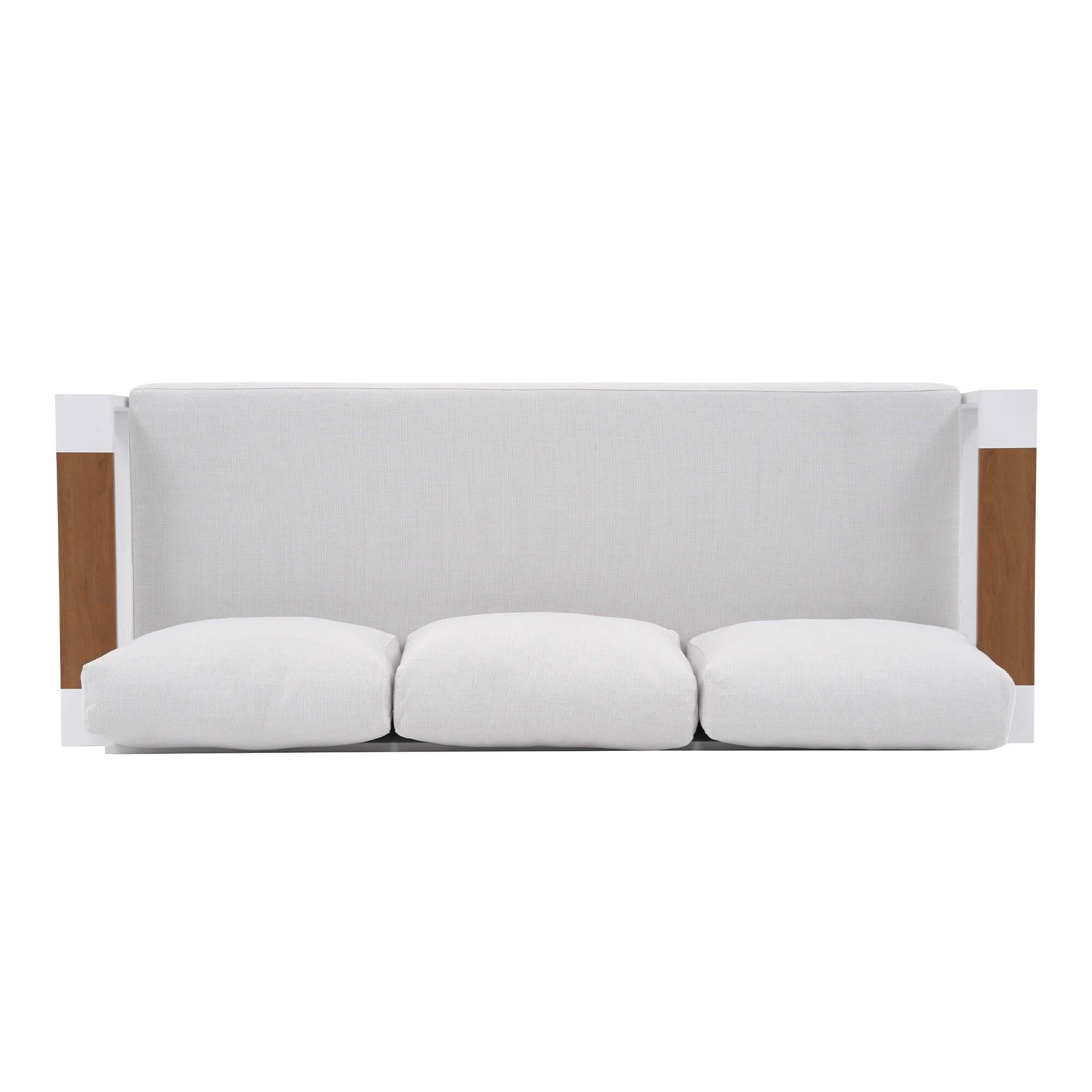 white outdoor soda with wooden sides and three white pillows- Sunsitt Modern Premium Patio Outdoor Furniture #color_white