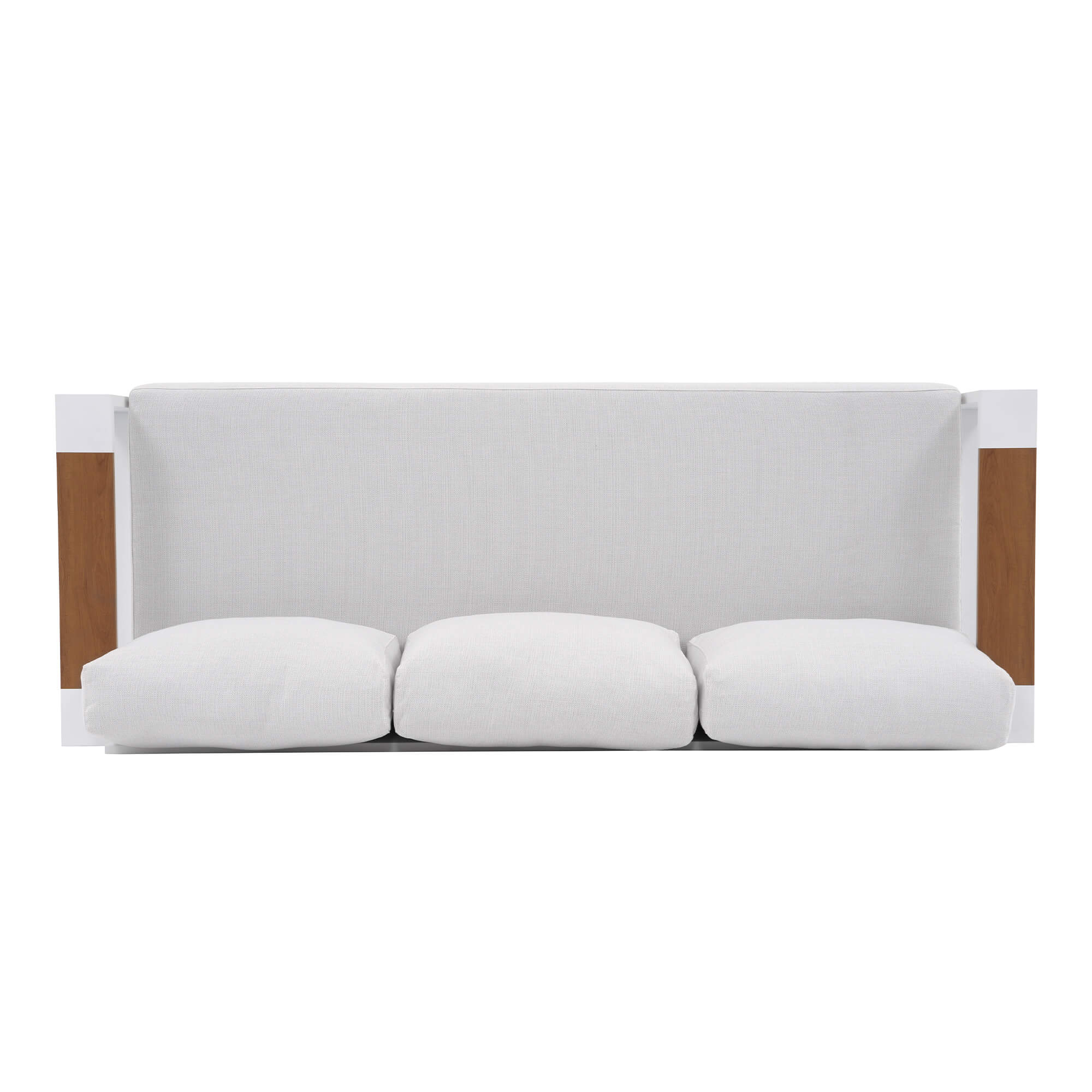 white outdoor soda with wooden sides and three white pillows- Sunsitt Modern Premium Patio Outdoor Furniture #color_white