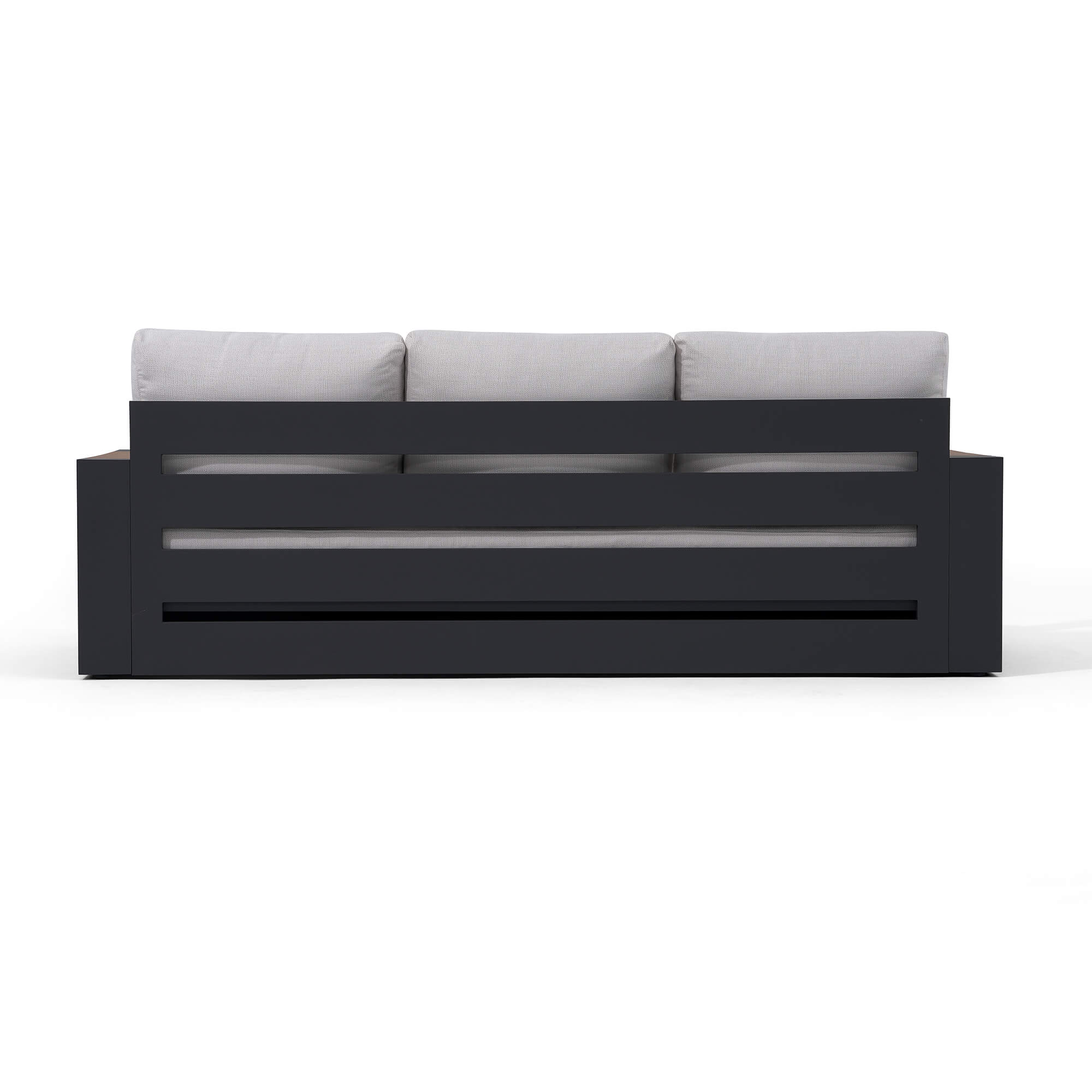 Modern black aluminum outdoor sofa with gray cushions backrest details - Sunsitt Modern Premium Patio Outdoor Furniture #color_grey