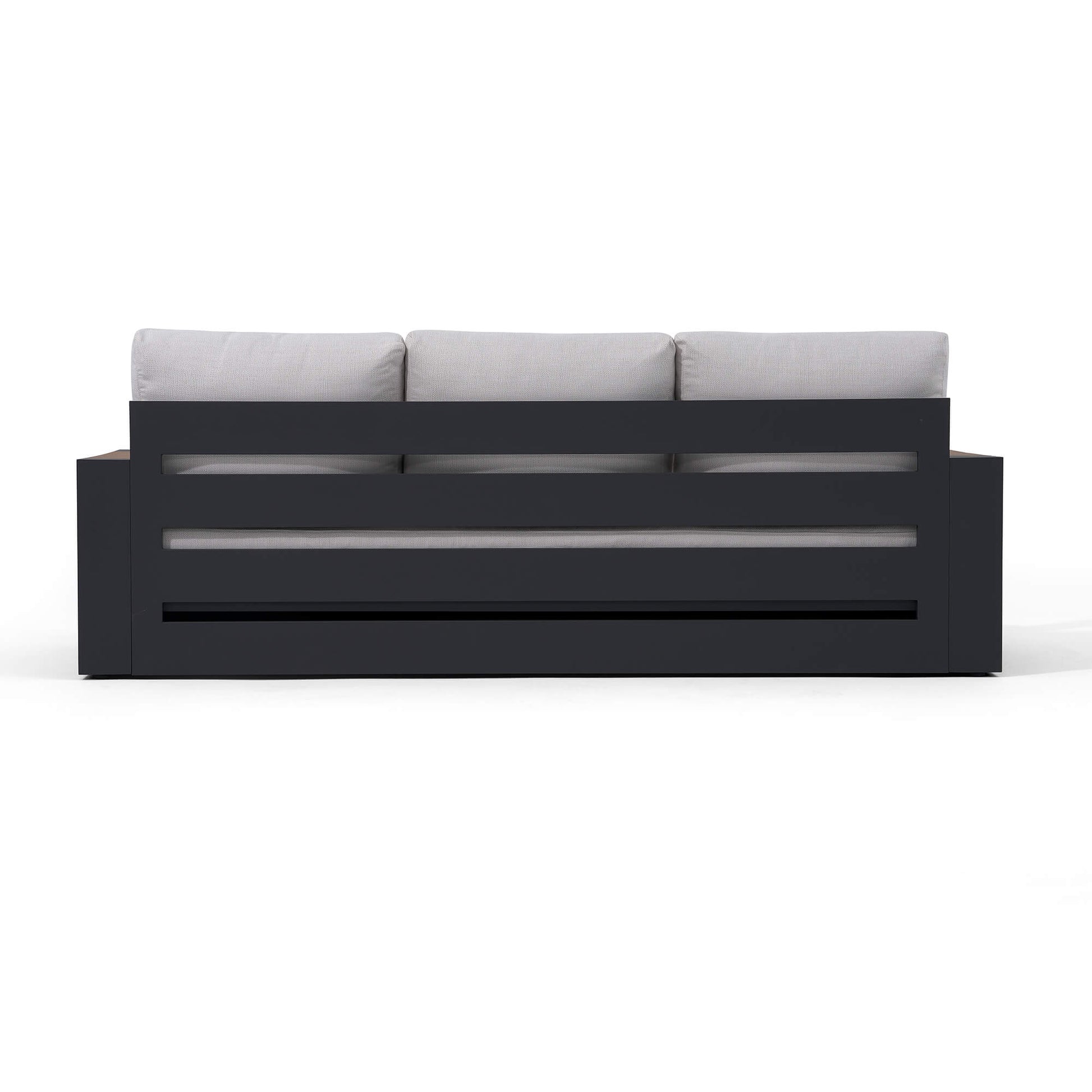 Modern black aluminum outdoor sofa with gray cushions backrest details - Sunsitt Modern Premium Patio Outdoor Furniture #color_grey