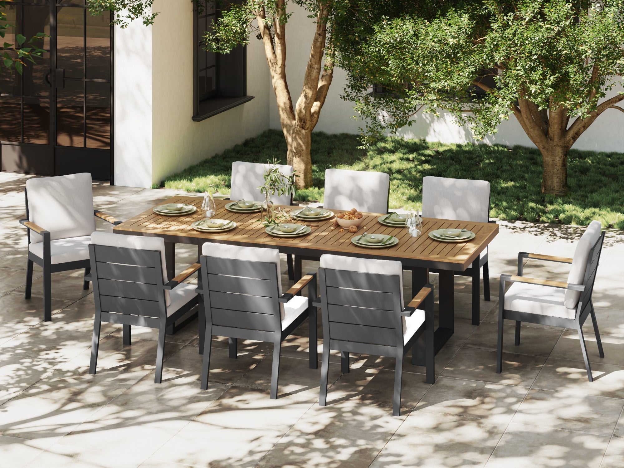 grey patio set with umbrella Addison Outdoor Aluminum Dining Set, Dark Grey Frame, Umbrella Hole, 6-8 Seats, 97''