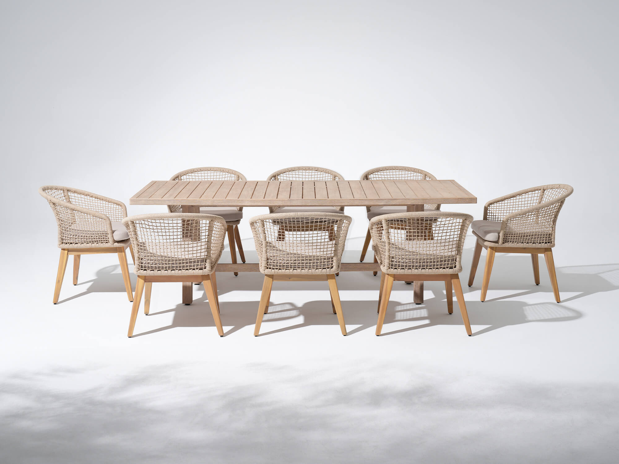 9pcs wooden outdoor dining set for 8 people with rope design and cushions- Sunsitt Modern Premium Patio Outdoor Furniture#Color_Beige