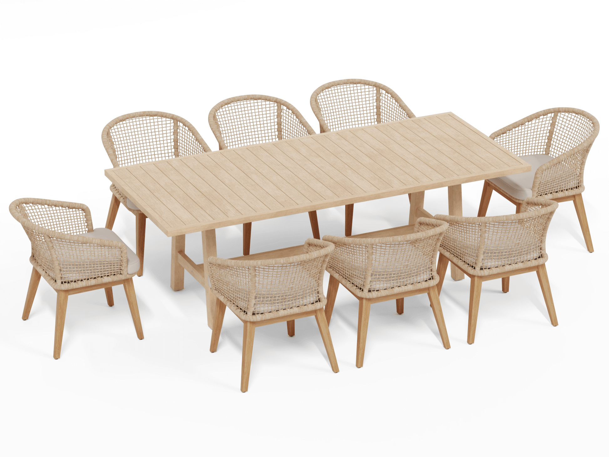 wooden outdoor dining chairs and rectangular table for 8 with rope design and grey cushions - Sunsitt Modern Premium Patio Outdoor Furniture#Color_Beige