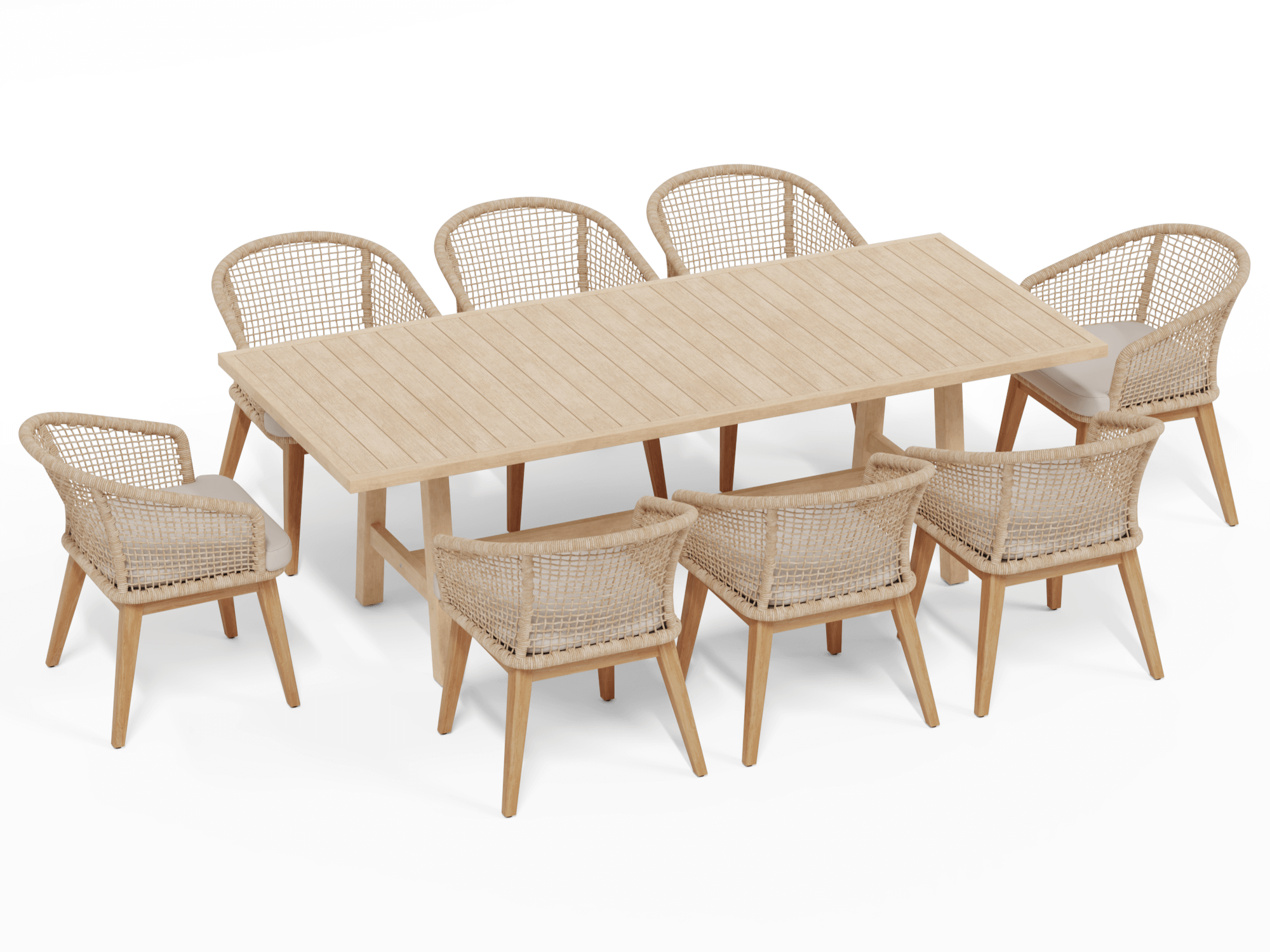wooden outdoor dining chairs and rectangular table for 8 with rope design and grey cushions - Sunsitt Modern Premium Patio Outdoor Furniture#Color_Beige