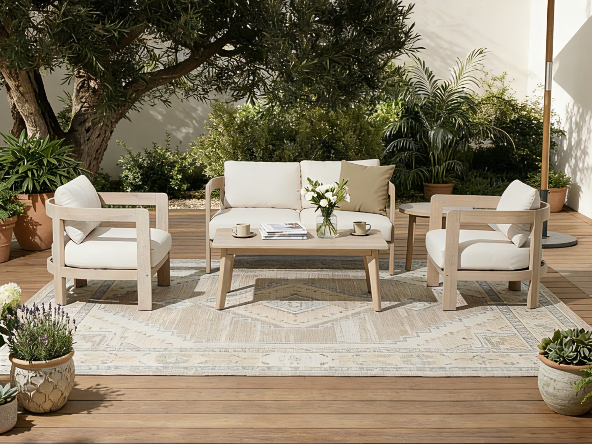 Cali Wooden Outdoor Loveseat Set with Mixed Tables, Creamy Cushions