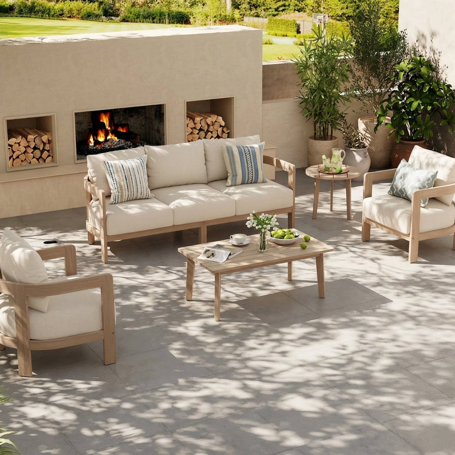 Cali 5 Seats Wooden Outdoor Sofa Set, Mixed Tables & 6.3" Thick Cushions