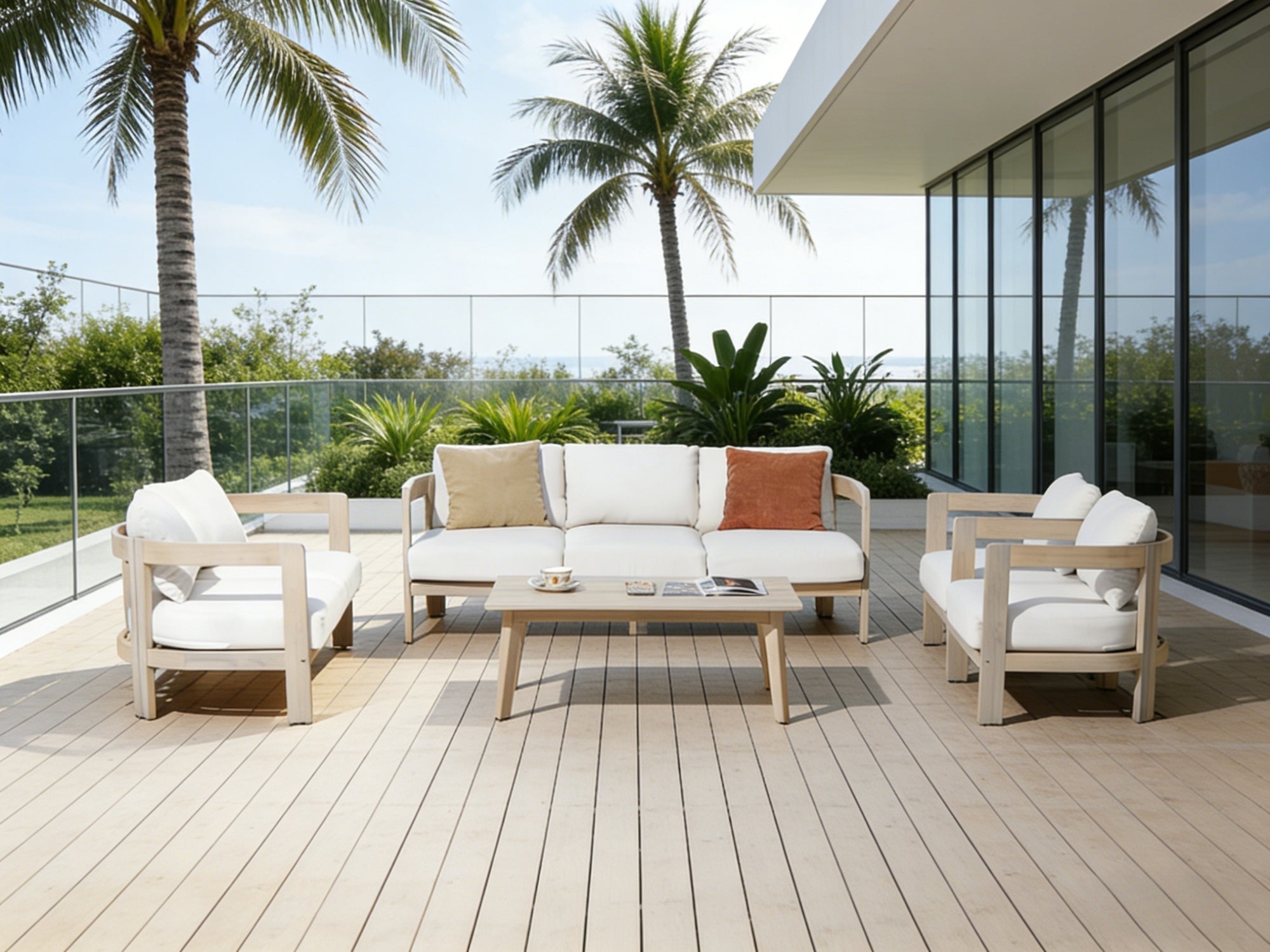 Cali 7 Seats Curved Acacia Lounge Set, Mixed Tables & 6.3" Thick Cushions