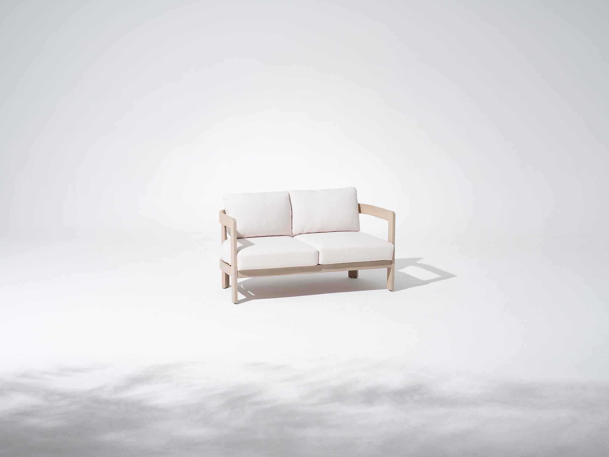 Cali Wooden Outdoor Loveseat Set with Mixed Tables, Creamy Cushions