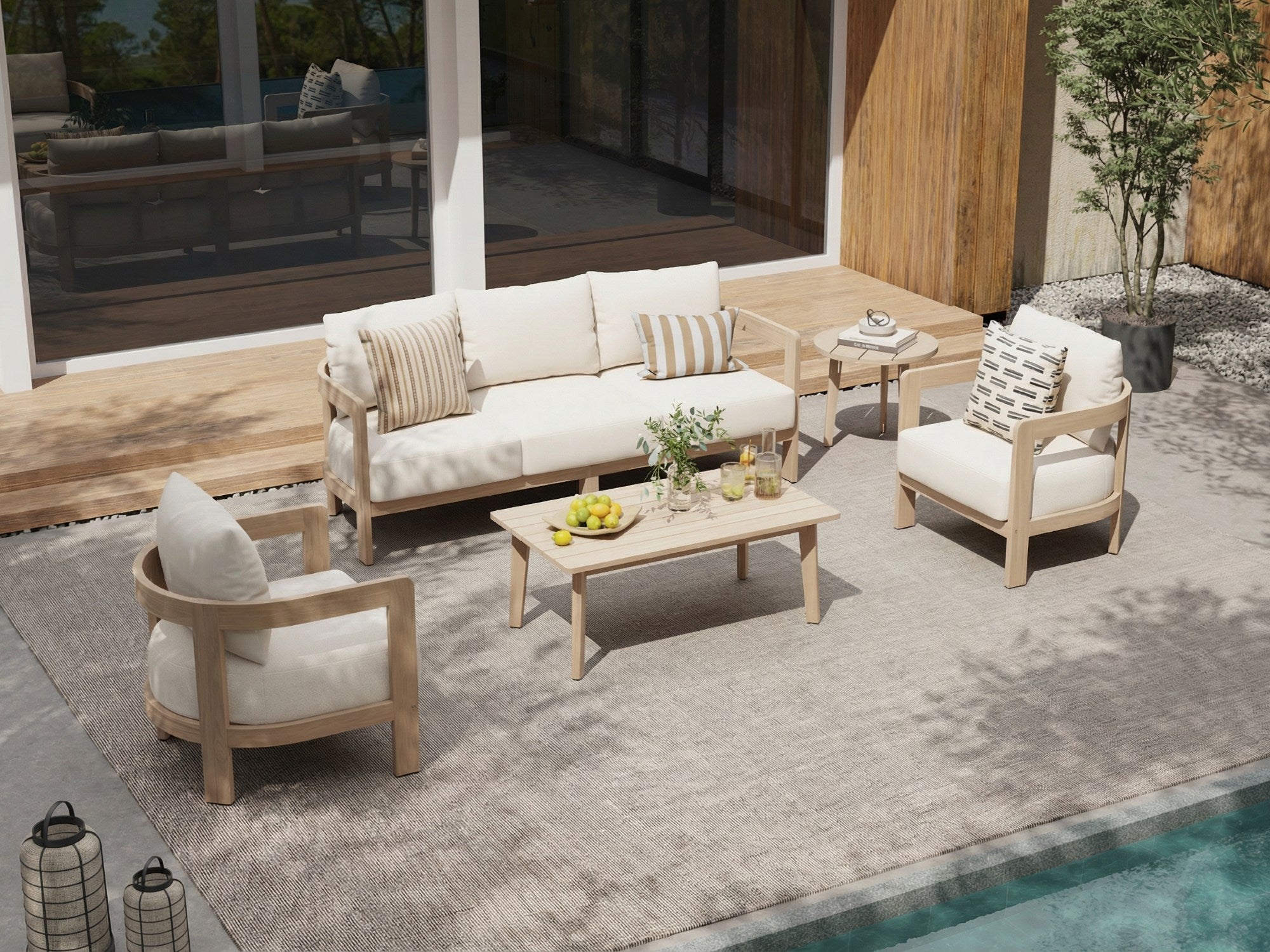 Cali 5 Seats Wooden Outdoor Sofa Set, Mixed Tables & 6.3" Thick Cushions