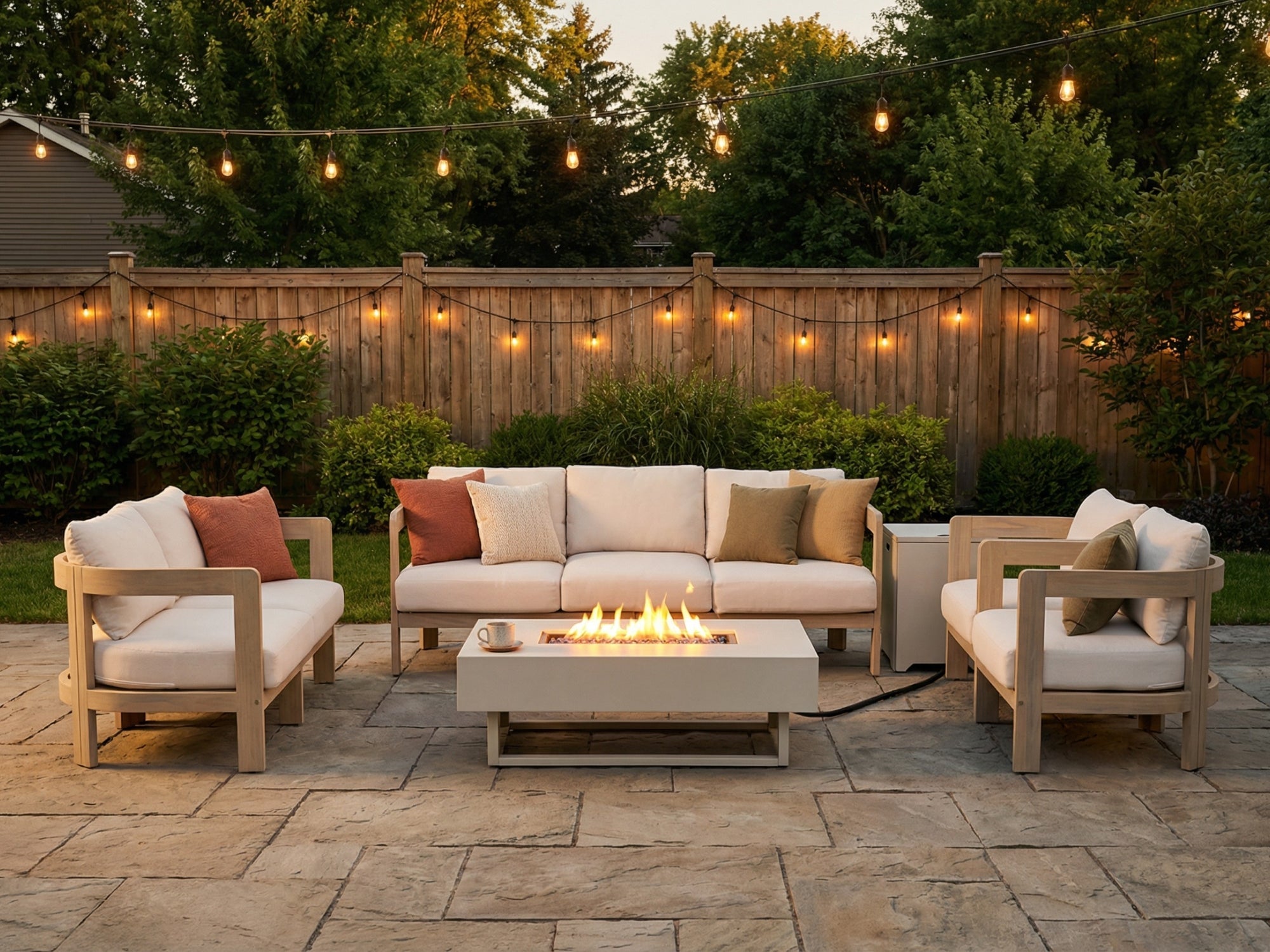 Cali Outdoor Wooden Sofa Set, Light Beige Fire pit & 6.3" Thick Cushions, 4-7 Seats