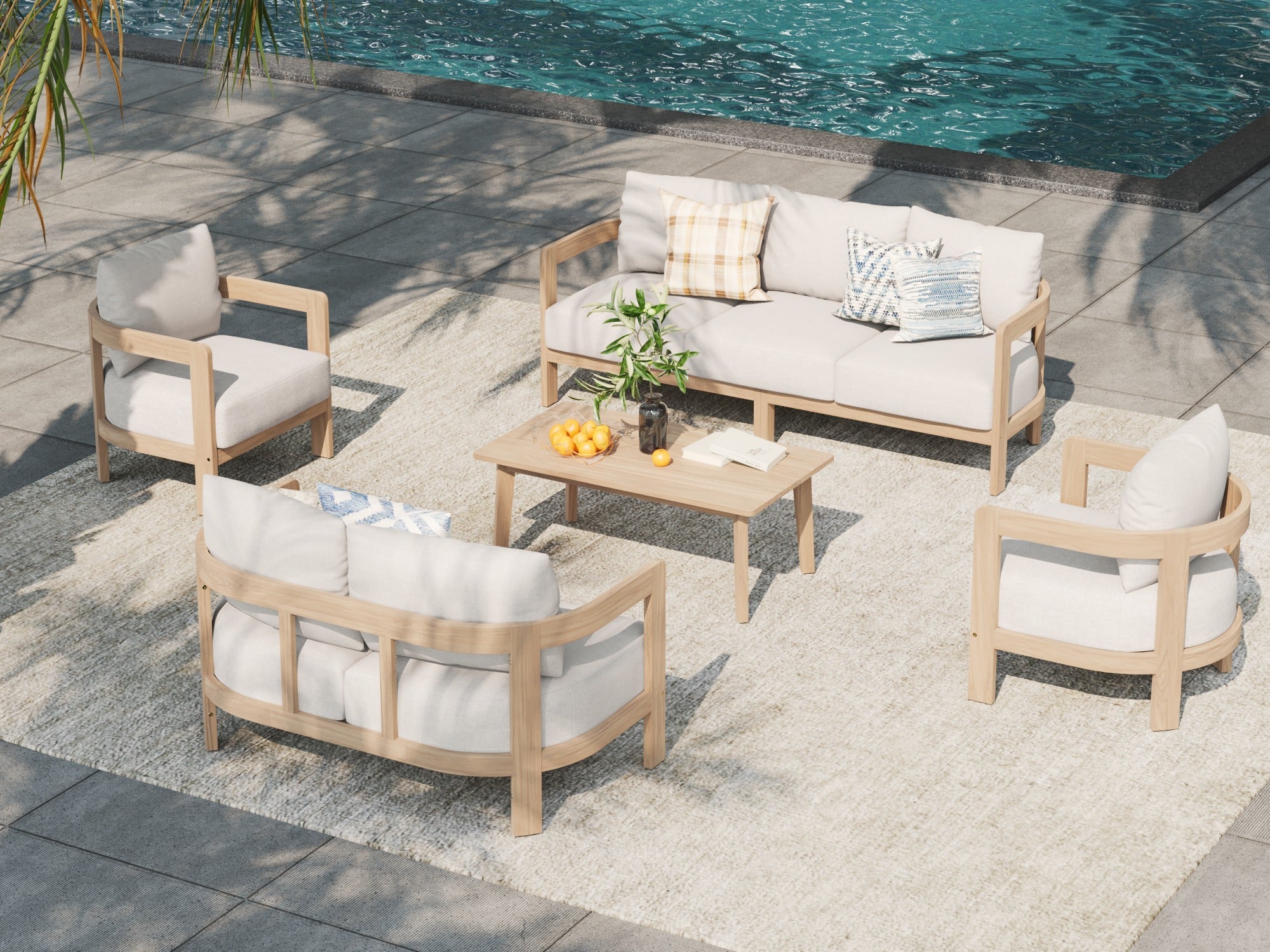Cali 7 Seats Curved Acacia Lounge Set, Mixed Tables & 6.3" Thick Cushions